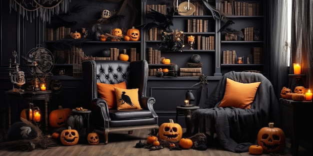 Decorazioni di Halloween in soggiorno con zucca del cranio del divano Interni creativi IA generativa