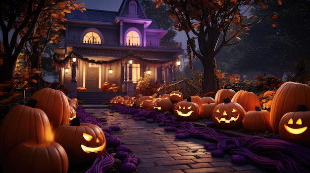 Decorazioni di Halloween per la casa tra cui zucche e luci a corda viola Generative Ai