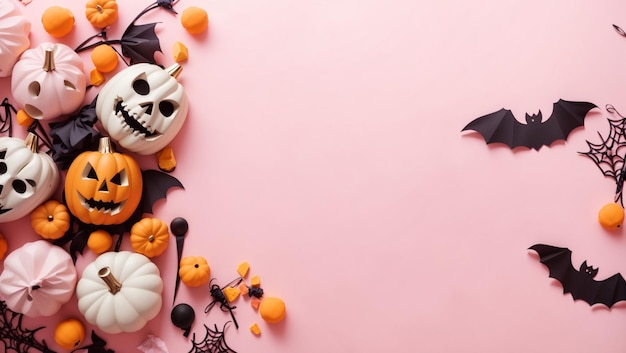 Decorazioni di Halloween su sfondo rosa pastello Concetto di Halloween Vista dall'alto a disposizione piatta Sfondo spirito