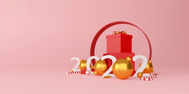 Decorazioni di Natale e felice anno nuovo con una confezione regalo rossa, una palla d'argento dorata e una stella dorata su sfondo rosso. illustrazione 3D