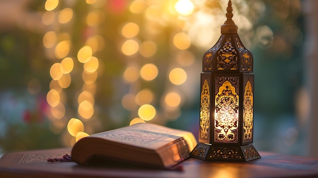 Decorazioni di Ramadan Kareem Lanterna tradizionale con Corano Scenario di saluto di Ramadan