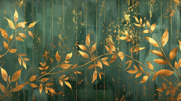 Decorazioni dorate con foglie d'oro piante e bambù linee ricci sullo sfondo verde disegno floreale con foglie dorate piante e Bambù