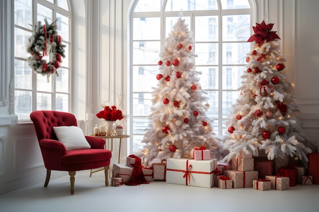 Decorazioni festive con regali di albero di Natale giraffa e ghirlanda in un ambiente accogliente
