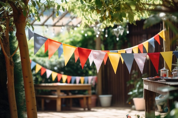 Decorazioni festive per feste all'aperto che celebrano Ghirlanda fatta di bandiere colorate sugli alberi nel cortile
