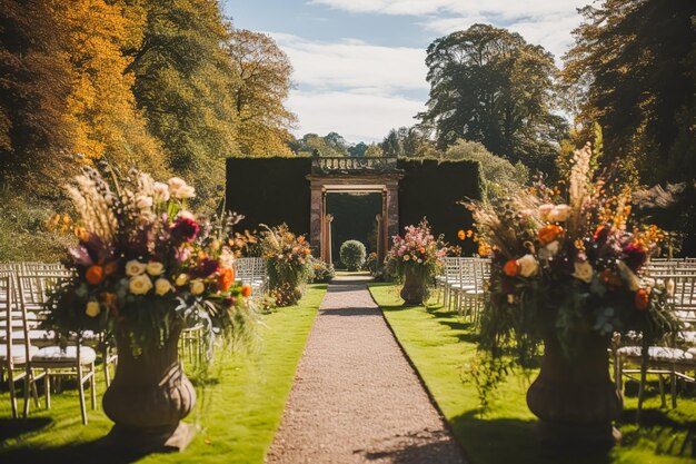 Decorazioni floreali per la navata nuziale e fiori autunnali per la cerimonia di matrimonio e decorazioni nel giardino di campagna inglese, idea in stile country autunnale