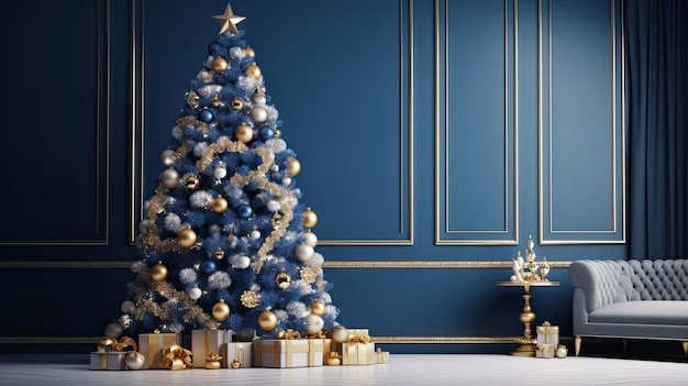 Decorazioni in oro per l'albero di Natale, decorazioni festive in blu navy, bianco e oro con spazio per la copia