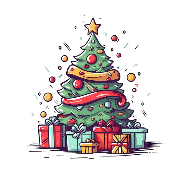 Decorazioni in stile clip art per albero di Natale e scatole regalo Buon Natale e felice anno nuovo