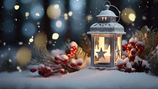Decorazioni innevate della lanterna di Natale generate dall'illustrazione di sfondo di Natale su sfondo bianco