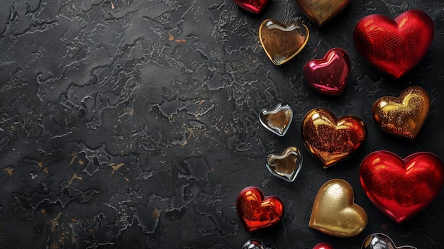 Decorazioni metalliche a forma di cuore su uno sfondo nero texturato