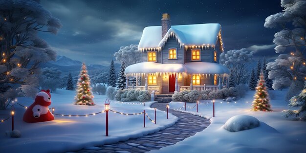 Decorazioni natalizie all'esterno di una casa in mezzo alla neve Ai generativa