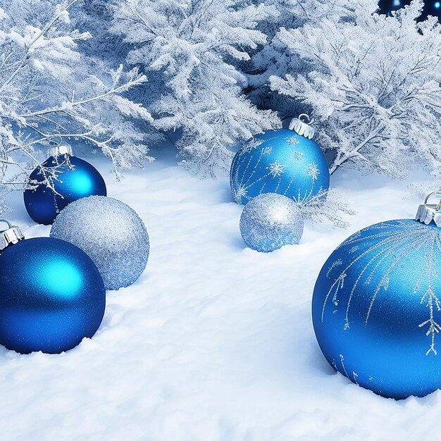 Decorazioni natalizie blu su sfondo di neve generate dall'intelligenza artificiale