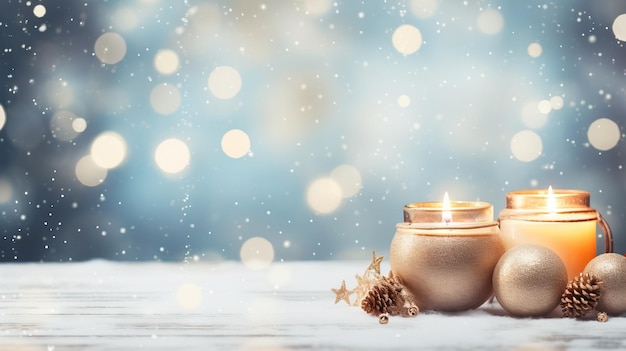Decorazioni natalizie candele nevoso backgroundai generato Illustrazione di sfondo Natale su sfondo bianco