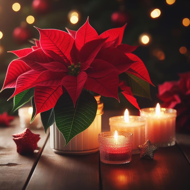 decorazioni natalizie con candele e fiori rossi sfondo natalizio