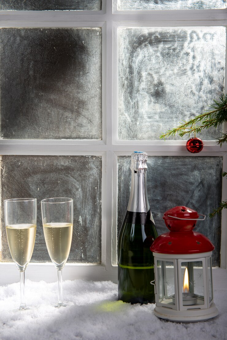 Decorazioni natalizie con due bicchieri di champagne