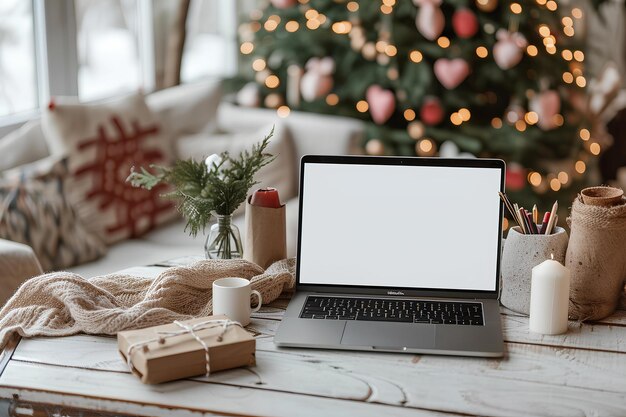 Decorazioni natalizie con un laptop su un tavolo