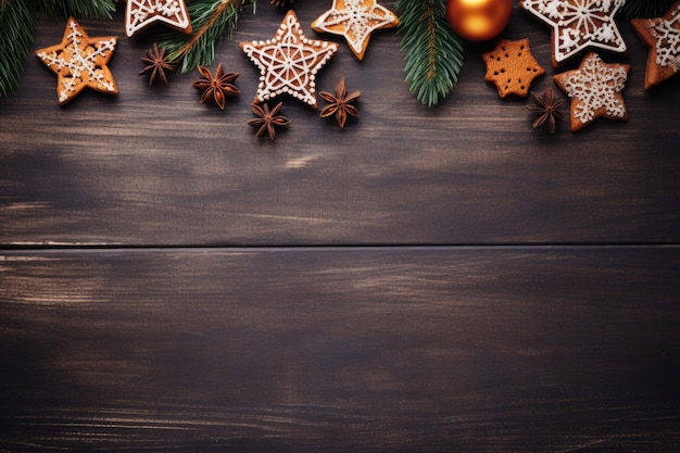 Decorazioni natalizie di pan di zenzero su sfondo di legno vista dall'alto illustrazione generata dall'intelligenza artificiale