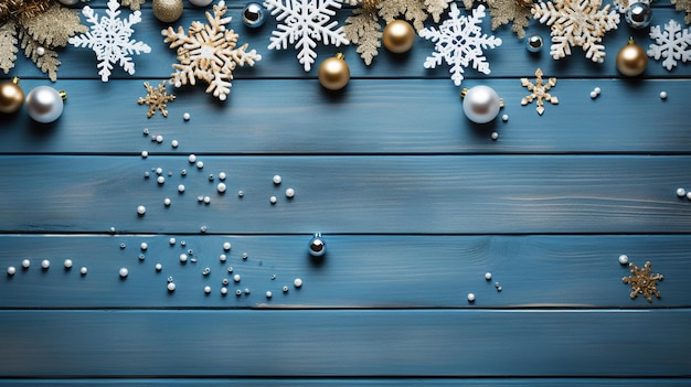 Decorazioni natalizie Fiocchi di neve bianchi e dorati su tavole di legno rustiche blu