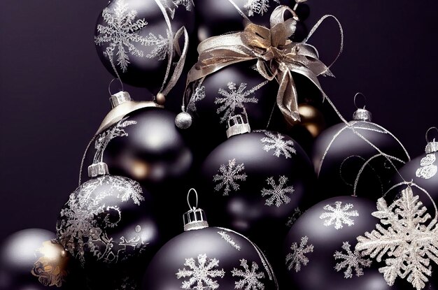 Decorazioni natalizie in argento di lusso su sfondo nero scuro