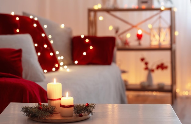Decorazioni natalizie in colore rosso con candele accese a casa