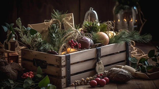 Decorazioni natalizie in una cassa di legno con un cesto di frutta e verdura