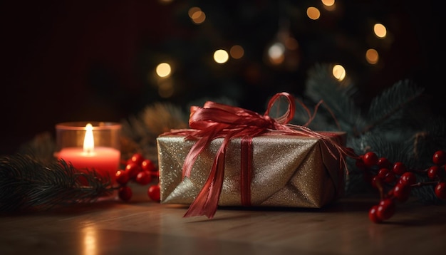 Decorazioni natalizie rustiche, regali avvolti in un albero luminoso e fiamma di candela generata dall'intelligenza artificiale