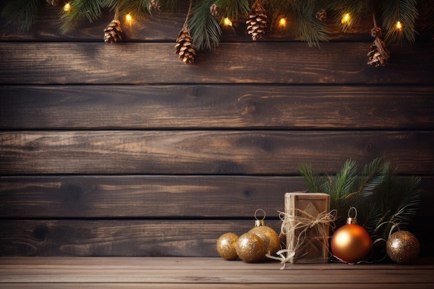 Decorazioni natalizie su fondo in legno Stelle luci palle di Natale Illustrazione generata dall'intelligenza artificiale