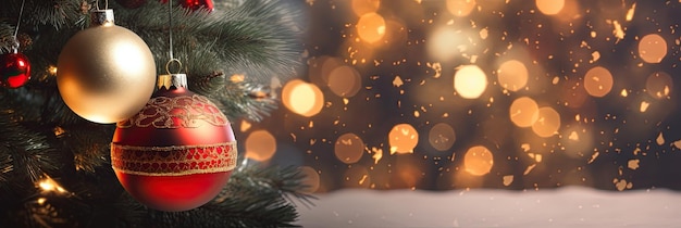 Decorazioni natalizie su un ramo di un albero di Natale su sfondo sfocato bokeh lucido Spazio per il testo Copia spazio Contenuti AI generativi