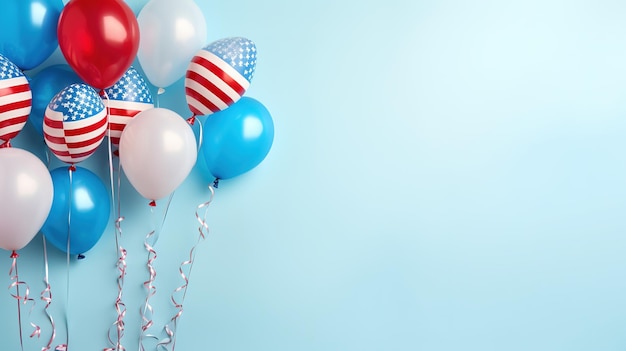 Decorazioni per il 4 luglio, la Giornata dell'Indipendenza americana, su sfondo blu pastello.