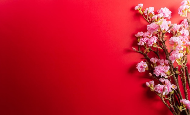 Decorazioni per il capodanno cinese realizzate con fiori di prugna su sfondo rosso