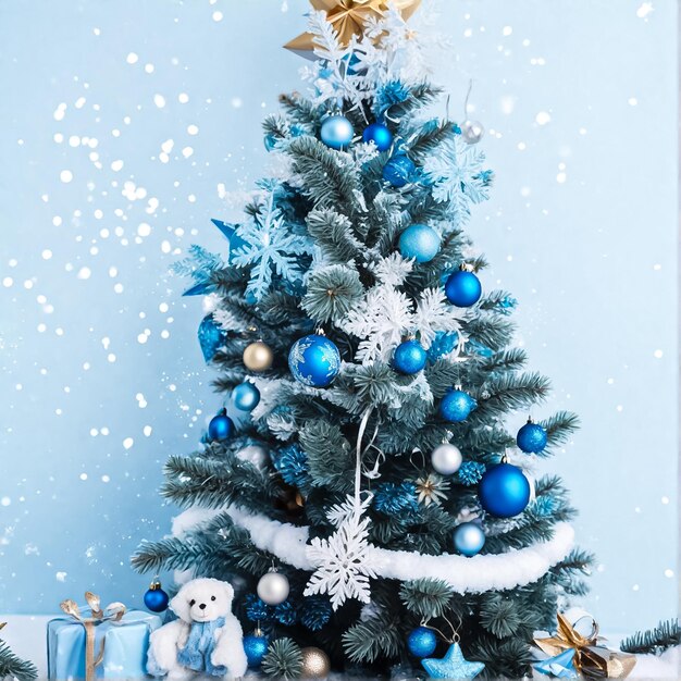 Decorazioni per l'albero di Natale Albero di Natale decorato con giocattoli Albero di Natale su sfondo blu