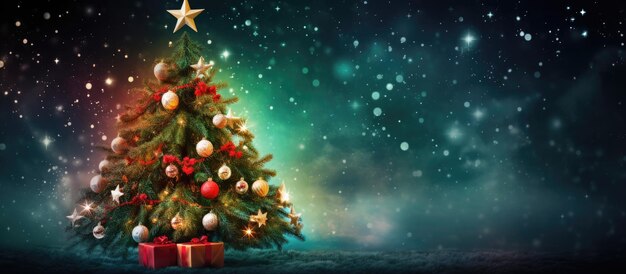 Decorazioni per l'albero di Natale con luci colorate e ornamenti su sfondo verde di notte