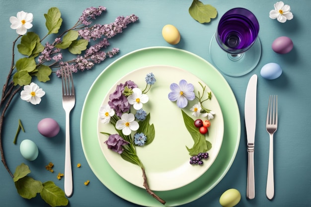 Decorazioni per la tavola di Pasqua con posate e fiori primaverili Sfondo delle vacanze IA generativa