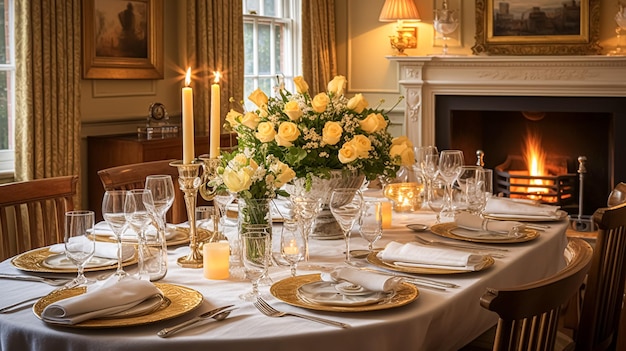 Decorazioni per la tavola festiva nella sala da pranzo, decorazioni con candele e fiori per una cena formale in famiglia nel motivo di interior design della casa di campagna inglese