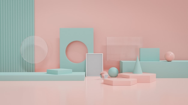 Decorazioni per oggetti di forma geometrica blu e rosa pastello per la piattaforma di visualizzazione del prodotto. Rendering 3D.