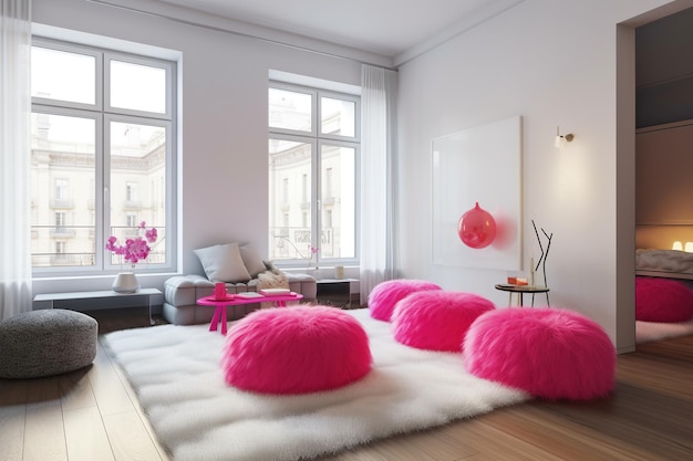 Decorazioni rosa in un accogliente e arioso soggiorno loft in stile barbiecore con luce naturale Elegante e moderno appartamento femminile con mobili rosa brillante e soffici sedute AI Contenuti generativi