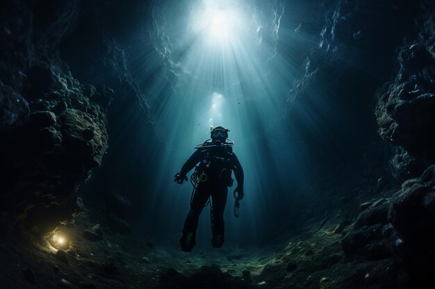 Deep Sea Scuba Diver Exploring Ocean Cavern Generative AI