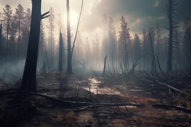 Deforestazione cambiamenti climatici e alberi nella foresta della natura per il taglio dei tronchi ambientali e l'ecologia