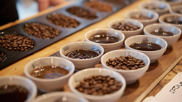 Degustazione del caffè Diversi tipi di chicchi di caffè e caffè preparato in tazze di ceramica bianca su un tavolo di legno