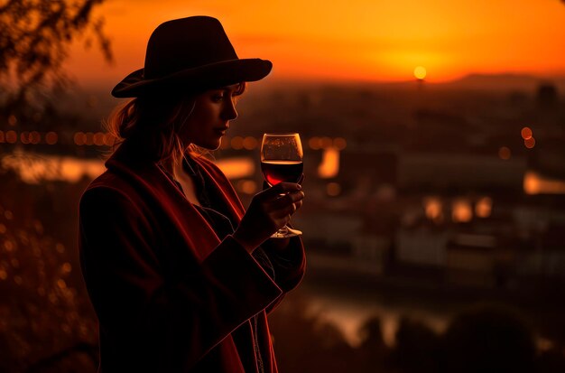 Degustazione del vino tra le vigne Silhouette evocativa di una donna che assapora il vino circondata da vigne