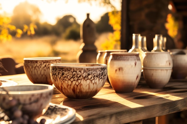 Degustazione di vini sul tavolo davanti al vigneto