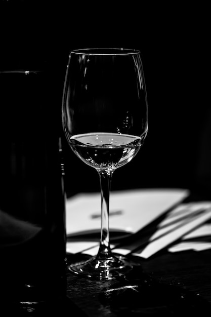 Degustazione di vini Sul tavolo di legno c'è un bicchiere di vino splendidamente illuminato. Accanto al secchio per rinfrescare vini e brochure presentati ai campioni della mostra. BW.