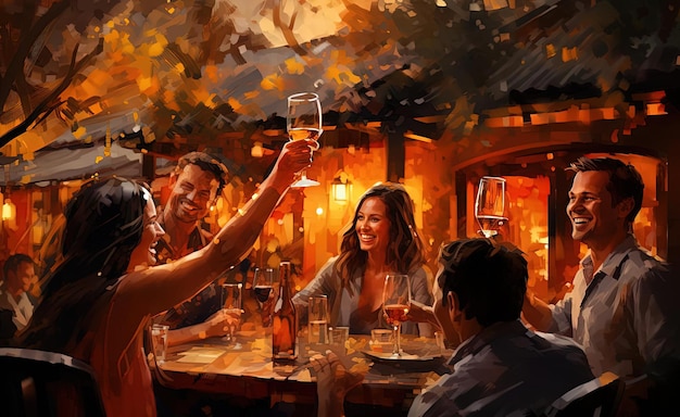 degustazioni di vino di uomini e donne nello stile di vivaci scene di taverna cremisi chiaro e marrone