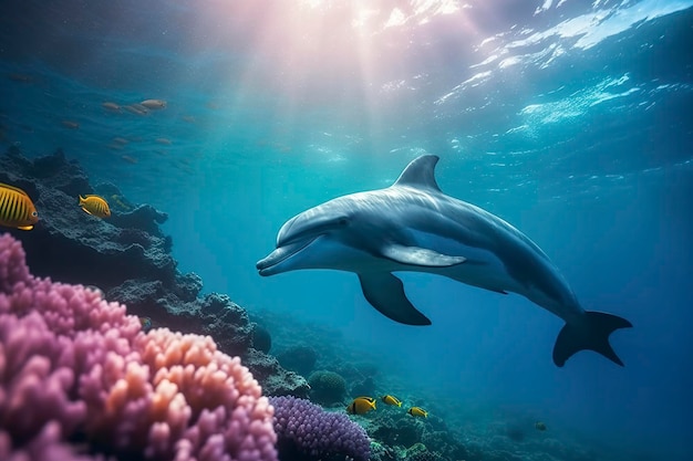 Delfini che nuotano nel sottomarino Bellissimi coralli sottomarini e colorati nella natura selvaggia dell'Oceano Pacifico Genera Ai