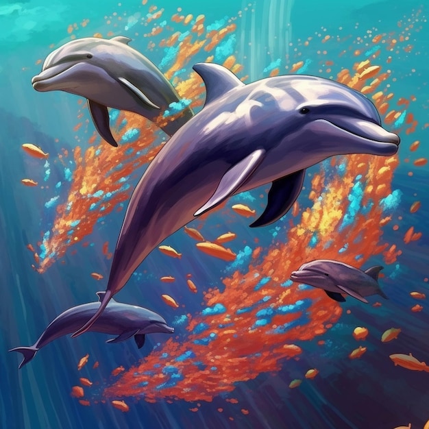 Delfini che nuotano nell'oceano con coralli e pesci generativi ai