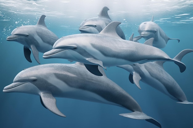 Delfini che nuotano nell'oceano con il sole che splende su di loro