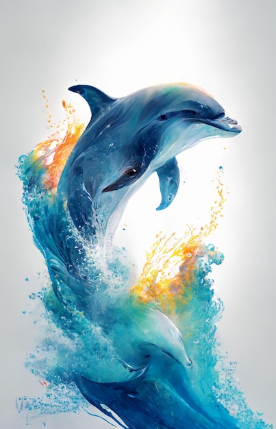 Delfini che saltano fuori dall'acqua con spruzzi di arancio e blu generativo ai