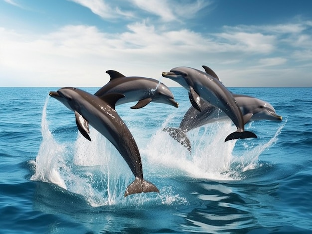 Delfini che saltano fuori dall'acqua in un oceano blu