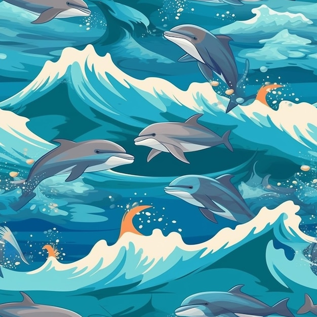 Delfini e pesci nell'oceano con onde e schizzi generativi ai