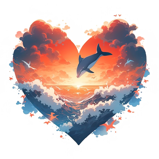 Delfini innamorati e schizzi di onde a forma di cuore