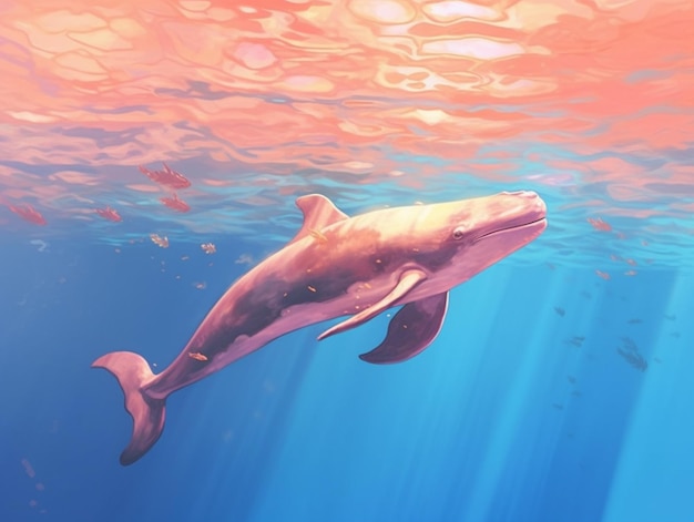 delfino che nuota nell'oceano con la luce del sole che splende attraverso l'acqua generativa ai